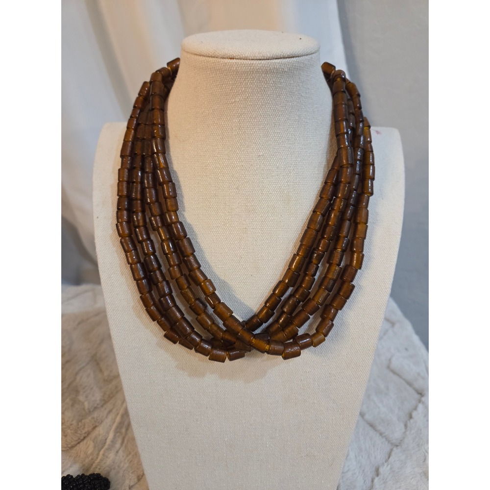 Vintage Multi Strand Amber Glass Bead Necklace Boho Tiered Wood Button Closure